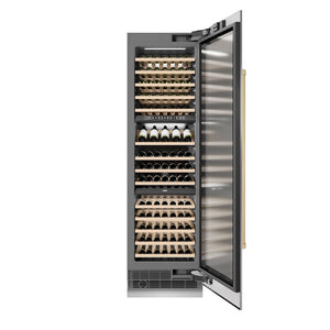 ZLINE Autograph Edition 24 in. 12.4 cu. ft. Triple Zone 100 Bottle Column Wine Cooler in Stainless Steel and Champagne Bronze Accents (RCWVZ-304-24-CB) front, open.