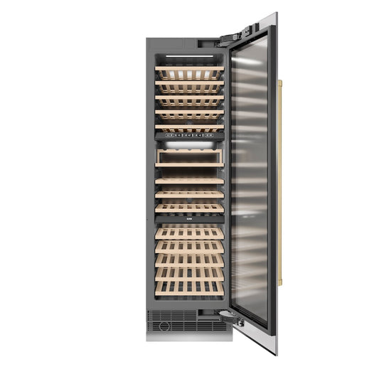 ZLINE Autograph Edition 24 in. 12.4 cu. ft. Triple Zone 100 Bottle Column Wine Cooler in Stainless Steel and Champagne Bronze Accents (RCWVZ-304-24-CB) front, open.