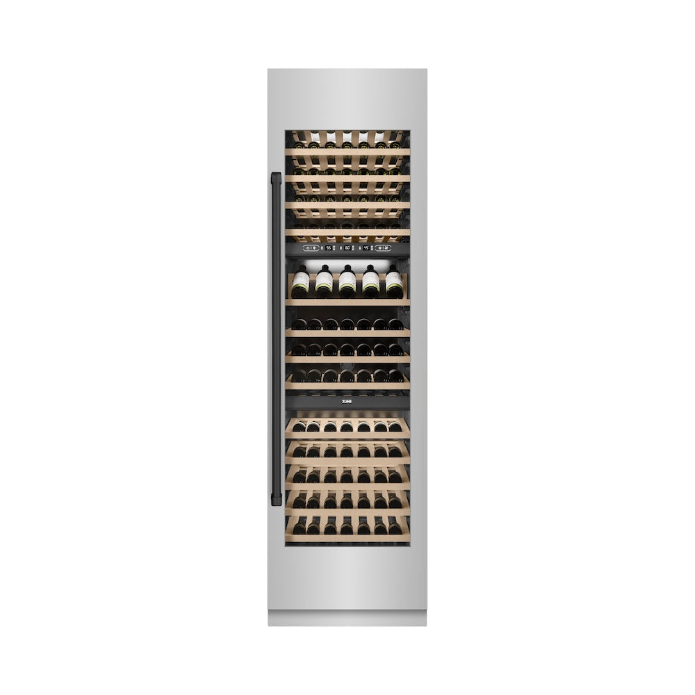 ZLINE Autograph Edition 24 in. 12.4 cu. ft. Triple Zone 100 Bottle Column Wine Cooler in Stainless Steel and Matte Black Accents (RCWVZ-304-24-MB) front, closed.