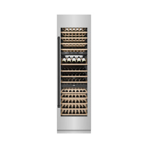 ZLINE Autograph Edition 24 in. 12.4 cu. ft. Triple Zone 100 Bottle Column Wine Cooler in Stainless Steel and Matte Black Accents (RCWVZ-304-24-MB) front, closed.