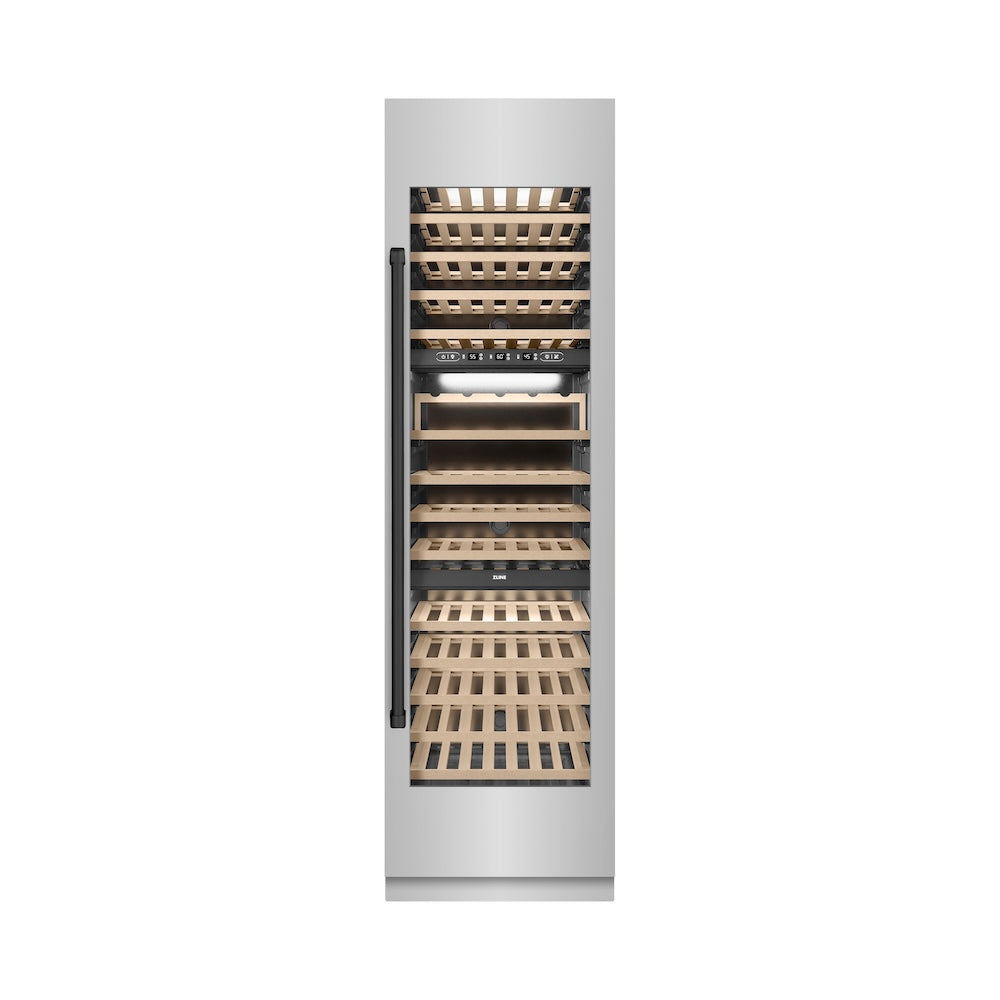 ZLINE Autograph Edition 24 in. 12.4 cu. ft. Triple Zone 100 Bottle Column Wine Cooler in Stainless Steel and Matte Black Accents (RCWVZ-304-24-MB) front, closed.