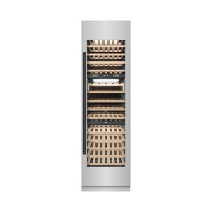 ZLINE Autograph Edition 24 in. 12.4 cu. ft. Triple Zone 100 Bottle Column Wine Cooler in Stainless Steel and Matte Black Accents (RCWVZ-304-24-MB) front, closed.