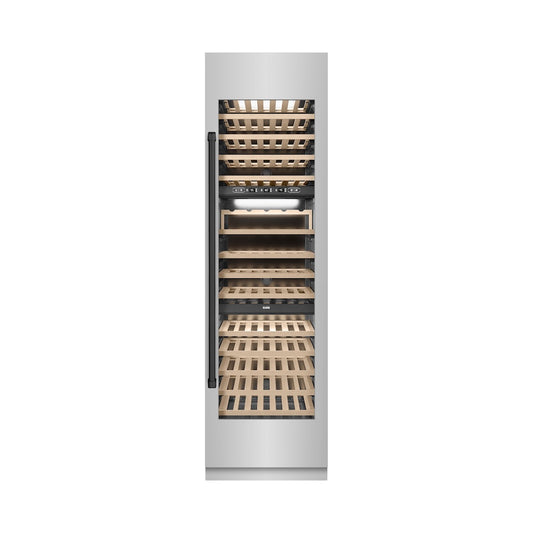 ZLINE Autograph Edition 24 in. 12.4 cu. ft. Triple Zone 100 Bottle Column Wine Cooler in Stainless Steel and Matte Black Accents (RCWVZ-304-24-MB) front, closed.