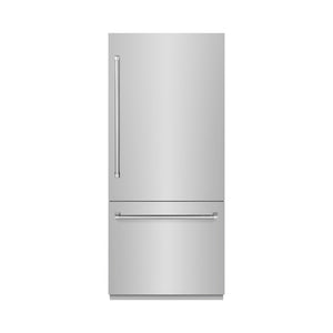 ZLINE 36 in. 19.8 cu. ft. Built-In Bottom Freezer Refrigerator with Water Dispenser and Ice Maker in Stainless Steel with Graphite Gray Interior (GRBIT-304-36) front, closed.