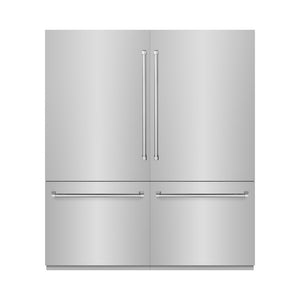 ZLINE 72 in. 39.6 cu. ft. French Door Built-In Bottom Freezer Refrigerator with Water Dispensers and Ice Makers in Stainless Steel with Graphite Gray Interior (GRBIT-304-72) front, closed.