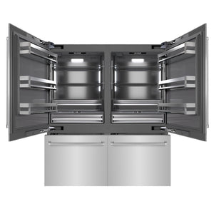 ZLINE 72 in. 39.6 cu. ft. French Door Built-In Bottom Freezer Refrigerator with Water Dispensers and Ice Makers in Stainless Steel with Graphite Gray Interior (GRBIT-304-72) front, open.