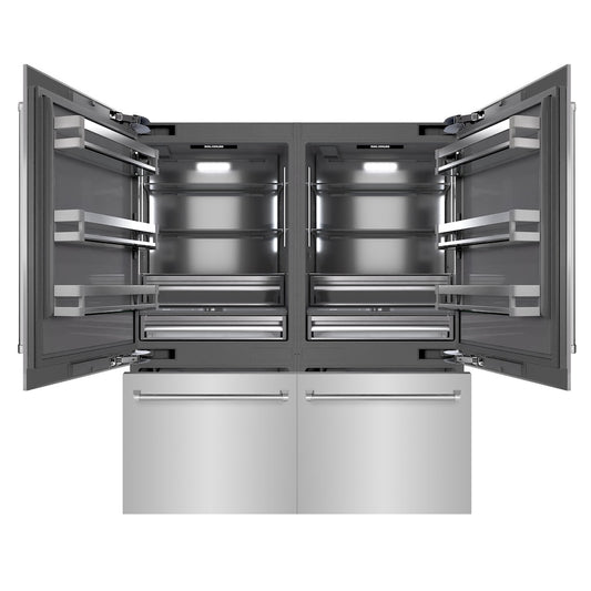 ZLINE 72 in. 39.6 cu. ft. French Door Built-In Bottom Freezer Refrigerator with Water Dispensers and Ice Makers in Stainless Steel with Graphite Gray Interior (GRBIT-304-72) front, open.