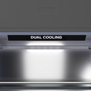 ZLINE Autograph Edition 36 in. 19.8 cu. ft. Built-In Bottom Freezer Refrigerator with Water Dispenser and Ice Maker in Stainless Steel with Graphite Gray Interior and Champagne Bronze Accents (GRBITZ-304-36CB) close-up, dual cooling functionality.