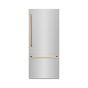ZLINE Autograph Edition 36 in. 19.8 cu. ft. Built-In Bottom Freezer Refrigerator with Water Dispenser and Ice Maker in Stainless Steel with Graphite Gray Interior and Champagne Bronze Accents (GRBITZ-304-36CB) front, closed.