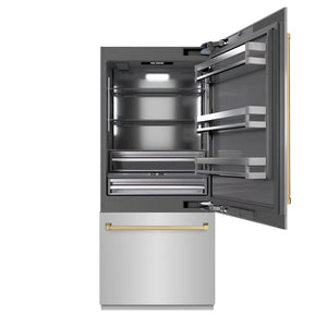 ZLINE Autograph Edition 36 in. 19.8 cu. ft. Built-In Bottom Freezer Refrigerator with Water Dispenser and Ice Maker in Stainless Steel with Graphite Gray Interior and Champagne Bronze Accents (GRBITZ-304-36CB) front, open.