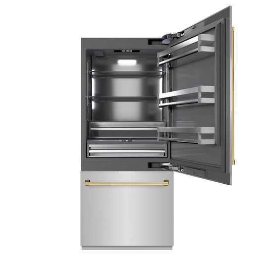 ZLINE Autograph Edition 36 in. 19.8 cu. ft. Built-In Bottom Freezer Refrigerator with Water Dispenser and Ice Maker in Stainless Steel with Graphite Gray Interior and Polished Gold Accents (GRBITZ-304-36G) front, refrigeration compartment open.