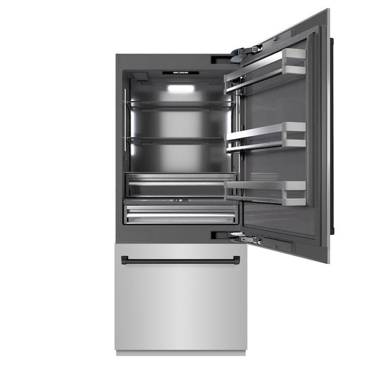 ZLINE Autograph Edition 36 in. 19.8 cu. ft. Built-In Bottom Freezer Refrigerator with Water Dispenser and Ice Maker in Stainless Steel with Graphite Gray Interior and Matte Black Accents (GRBITZ-304-36MB) front, refrigeration compartment open.