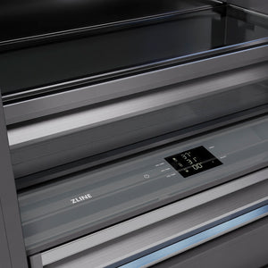 ZLINE Autograph Edition 72 in. 39.6 cu. ft. French Door Built-In Bottom Freezer Refrigerator with Water Dispensers and Ice Makers in Stainless Steel with Graphite Gray Interior and Champagne Bronze Accents (GRBITZ-304-72CB) close-up detail, touch control panel and display.