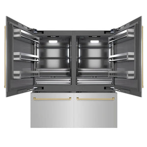 ZLINE Autograph Edition 72 in. 39.6 cu. ft. French Door Built-In Bottom Freezer Refrigerator with Water Dispensers and Ice Makers in Stainless Steel with Graphite Gray Interior and Champagne Bronze Accents (GRBITZ-304-72CB) main image.