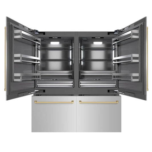 ZLINE Autograph Edition 72 in. 39.6 cu. ft. French Door Built-In Bottom Freezer Refrigerator with Water Dispensers and Ice Makers in Stainless Steel with Graphite Gray Interior and Champagne Bronze Accents (GRBITZ-304-72CB) main image.