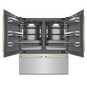 ZLINE Autograph Edition 72 in. 39.6 cu. ft. French Door Built-In Bottom Freezer Refrigerator with Water Dispensers and Ice Makers in Stainless Steel with Graphite Gray Interior and Polished Gold Accents (GRBITZ-304-72G) front, open.