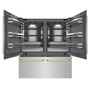 ZLINE Autograph Edition 72 in. 39.6 cu. ft. French Door Built-In Bottom Freezer Refrigerator with Water Dispensers and Ice Makers in Stainless Steel with Graphite Gray Interior and Polished Gold Accents (GRBITZ-304-72G) front, open.