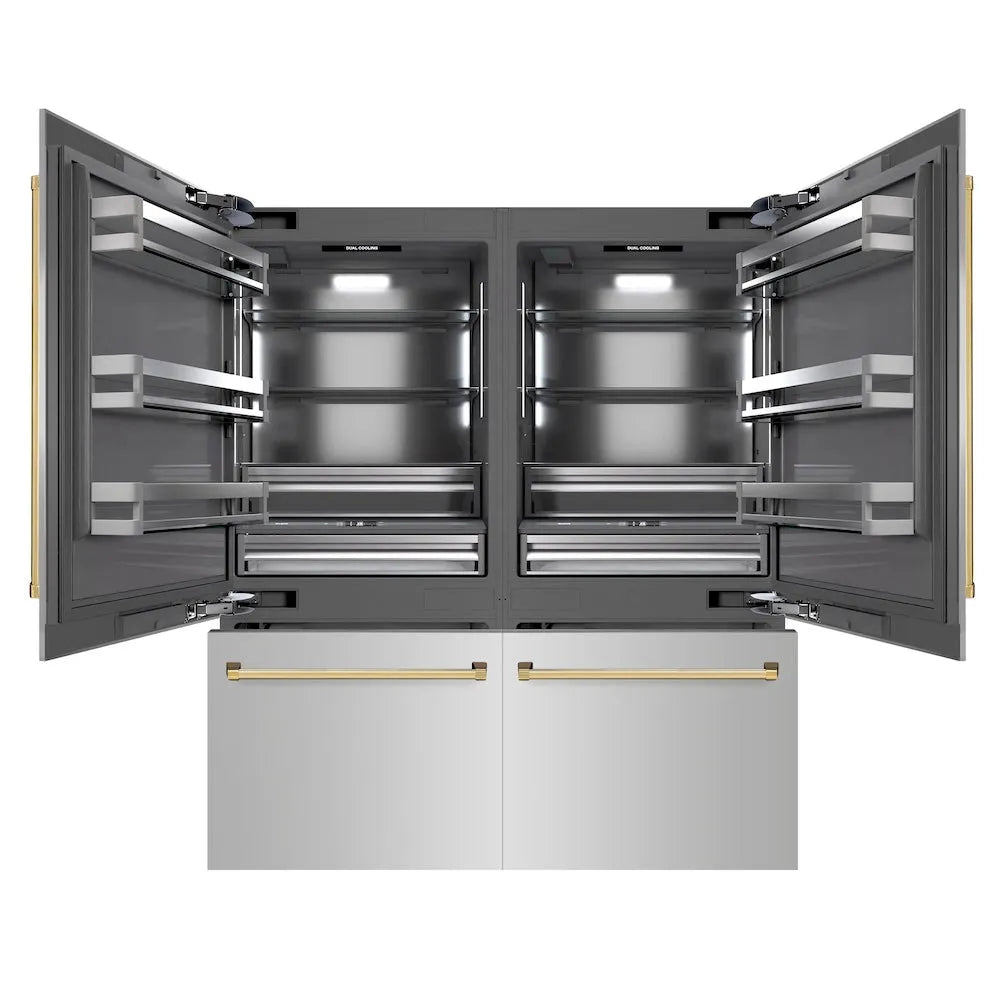 ZLINE Autograph Edition 72 in. 39.6 cu. ft. French Door Built-In Bottom Freezer Refrigerator with Water Dispensers and Ice Makers in Stainless Steel with Graphite Gray Interior and Polished Gold Accents (GRBITZ-304-72G) main image.