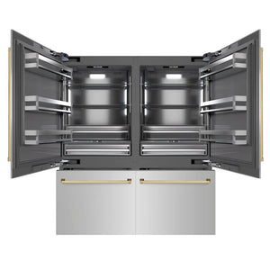 ZLINE Autograph Edition 72 in. 39.6 cu. ft. French Door Built-In Bottom Freezer Refrigerator with Water Dispensers and Ice Makers in Stainless Steel with Graphite Gray Interior and Polished Gold Accents (GRBITZ-304-72G) main image.