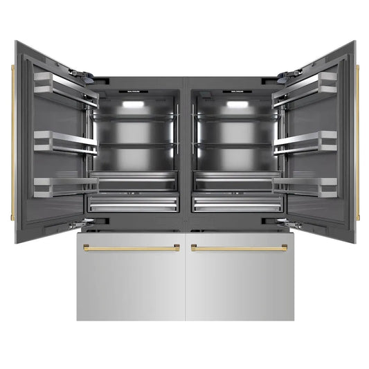 ZLINE Autograph Edition 72 in. 39.6 cu. ft. French Door Built-In Bottom Freezer Refrigerator with Water Dispensers and Ice Makers in Stainless Steel with Graphite Gray Interior and Polished Gold Accents (GRBITZ-304-72G) main image.