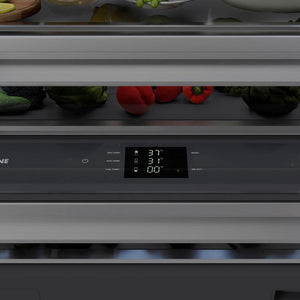 ZLINE Autograph Edition 72 in. 39.6 cu. ft. French Door Built-In Bottom Freezer Refrigerator with Water Dispensers and Ice Makers in Stainless Steel with Graphite Gray Interior and Polished Gold Accents (GRBITZ-304-72G) close-up, touch panel controls and display.