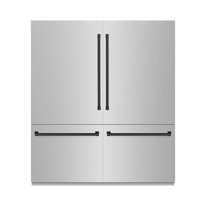 ZLINE Autograph Edition 72 in. 39.6 cu. ft. French Door Built-In Bottom Freezer Refrigerator with Water Dispensers and Ice Makers in Stainless Steel with Graphite Gray Interior and Matte Black Accents (GRBITZ-304-72MB) front, closed.