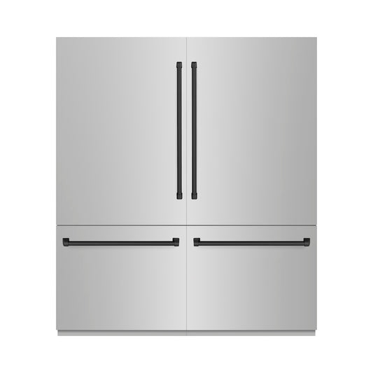 ZLINE Autograph Edition 72 in. 39.6 cu. ft. French Door Built-In Bottom Freezer Refrigerator with Water Dispensers and Ice Makers in Stainless Steel with Graphite Gray Interior and Matte Black Accents (GRBITZ-304-72MB) front, closed.