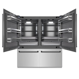 ZLINE Autograph Edition 72 in. 39.6 cu. ft. French Door Built-In Bottom Freezer Refrigerator with Water Dispensers and Ice Makers in Stainless Steel with Graphite Gray Interior and Matte Black Accents (GRBITZ-304-72MB) front, open.