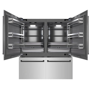 ZLINE Autograph Edition 72 in. 39.6 cu. ft. French Door Built-In Bottom Freezer Refrigerator with Water Dispensers and Ice Makers in Stainless Steel with Graphite Gray Interior and Matte Black Accents (GRBITZ-304-72MB) front, open.