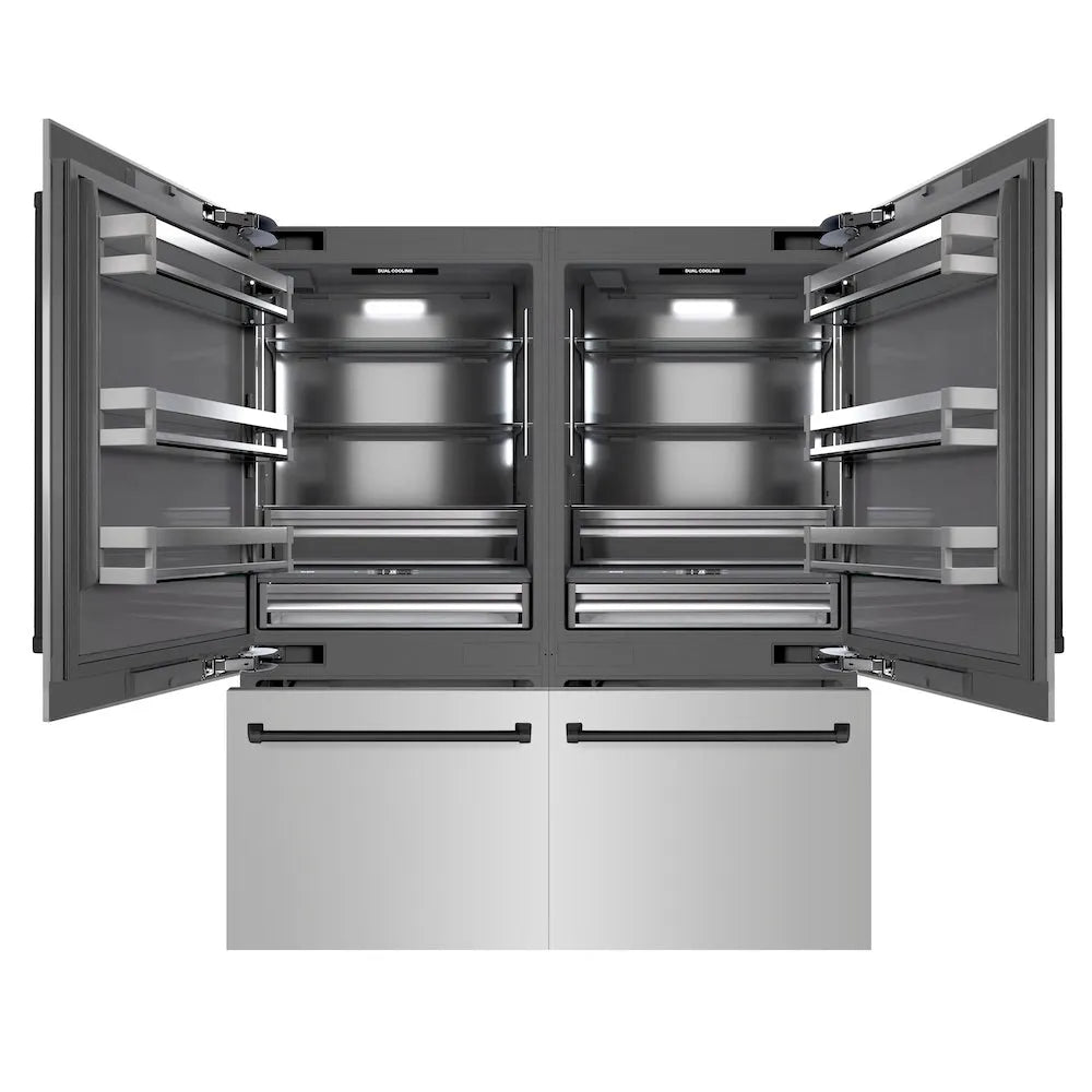 ZLINE Autograph Edition 72 in. 39.6 cu. ft. French Door Built-In Bottom Freezer Refrigerator with Water Dispensers and Ice Makers in Stainless Steel with Graphite Gray Interior and Matte Black Accents (GRBITZ-304-72MB) main image.