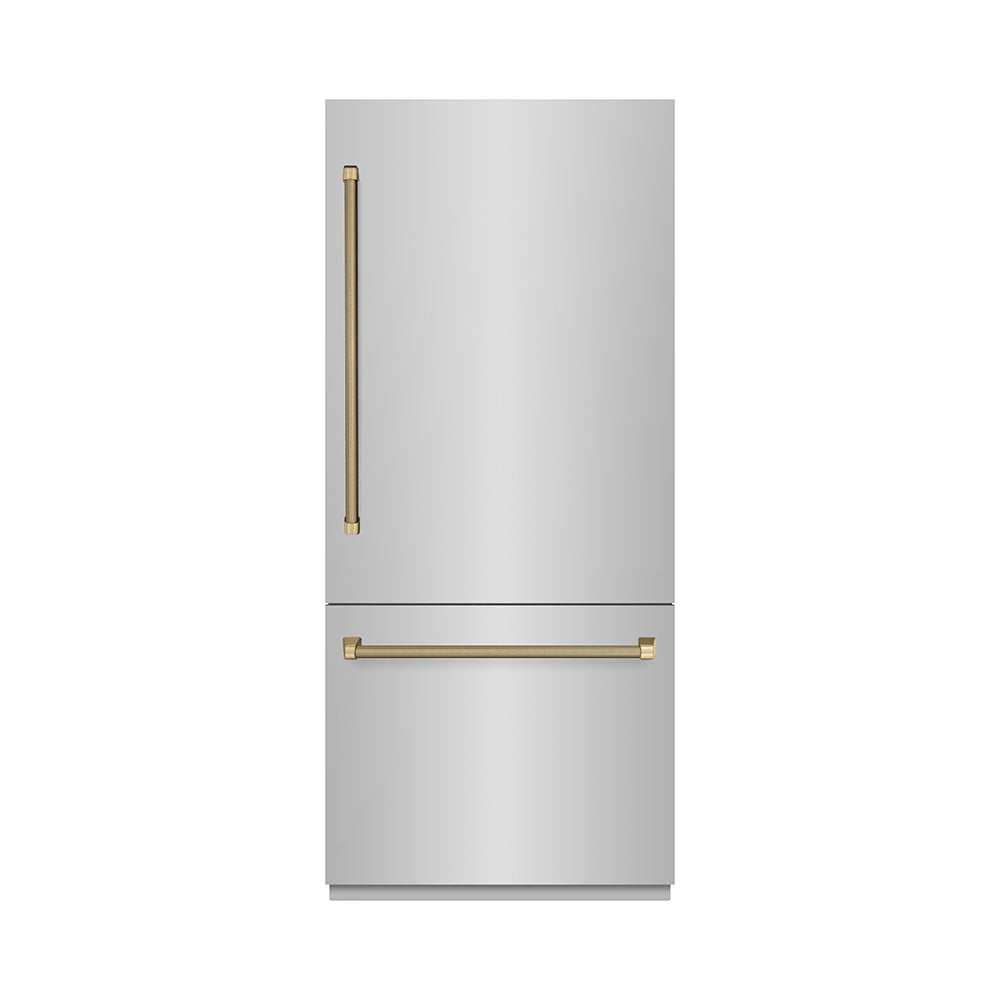 ZLINE Autograph Edition 36 in. 19.8 cu. ft. Built-In Bottom Freezer Refrigerator with Water Dispenser and Ice Maker in Stainless Steel with Graphite Gray Interior and Champagne Bronze Helix Handles (GRBITZ-30436KCB) front, closed.