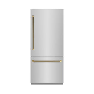 ZLINE Autograph Edition 36 in. 19.8 cu. ft. Built-In Bottom Freezer Refrigerator with Water Dispenser and Ice Maker in Stainless Steel with Graphite Gray Interior and Champagne Bronze Helix Handles (GRBITZ-30436KCB) front, closed.