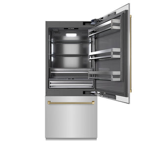ZLINE Autograph Edition 36 in. 19.8 cu. ft. Built-In Bottom Freezer Refrigerator with Water Dispenser and Ice Maker in Stainless Steel with Graphite Gray Interior and Champagne Bronze Helix Handles (GRBITZ-30436KCB) front, open.
