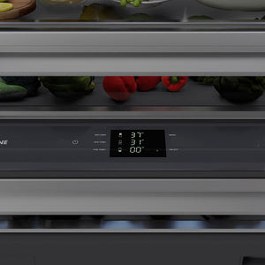 ZLINE Autograph Edition 36 in. 19.8 cu. ft. Built-In Bottom Freezer Refrigerator with Water Dispenser and Ice Maker in Stainless Steel with Graphite Gray Interior and Champagne Bronze Helix Handles (GRBITZ-30436KCB) digital display and touchpanel.