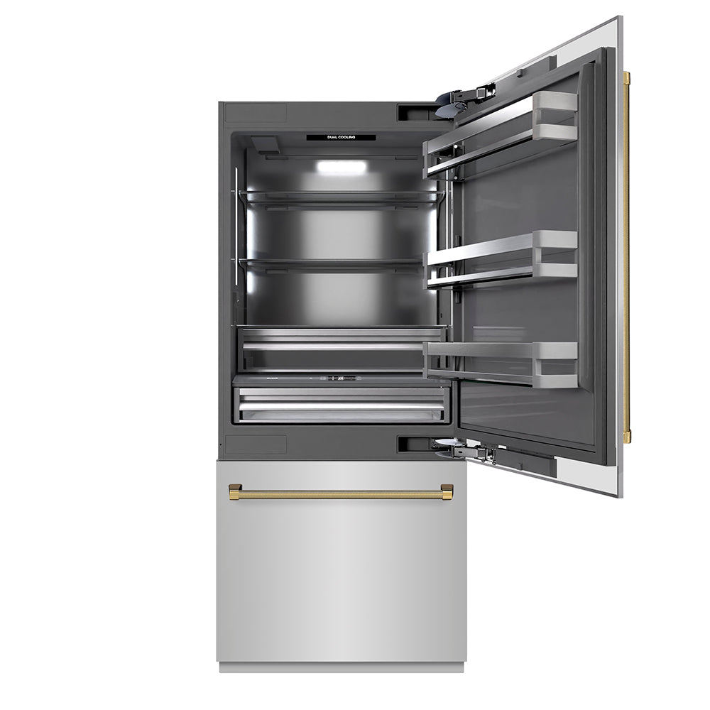 ZLINE Autograph Edition 36 in. 19.8 cu. ft. Built-In Bottom Freezer Refrigerator with Water Dispenser and Ice Maker in Stainless Steel with Graphite Gray Interior and Polished Gold Helix Handles (GRBITZ-30436KG) front, open.