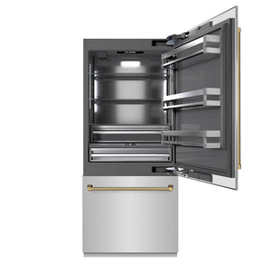 ZLINE Autograph Edition 36 in. 19.8 cu. ft. Built-In Bottom Freezer Refrigerator with Water Dispenser and Ice Maker in Stainless Steel with Graphite Gray Interior and Polished Gold Helix Handles (GRBITZ-30436KG) front, open.