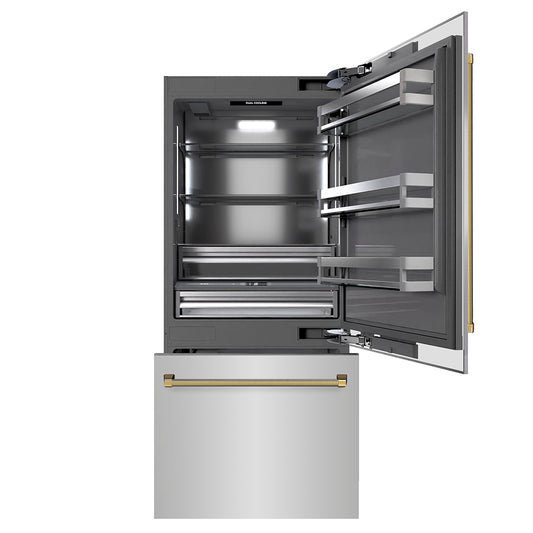 ZLINE Autograph Edition 36 in. 19.8 cu. ft. Built-In Bottom Freezer Refrigerator with Water Dispenser and Ice Maker in Stainless Steel with Graphite Gray Interior and Polished Gold Helix Handles (GRBITZ-30436KG)