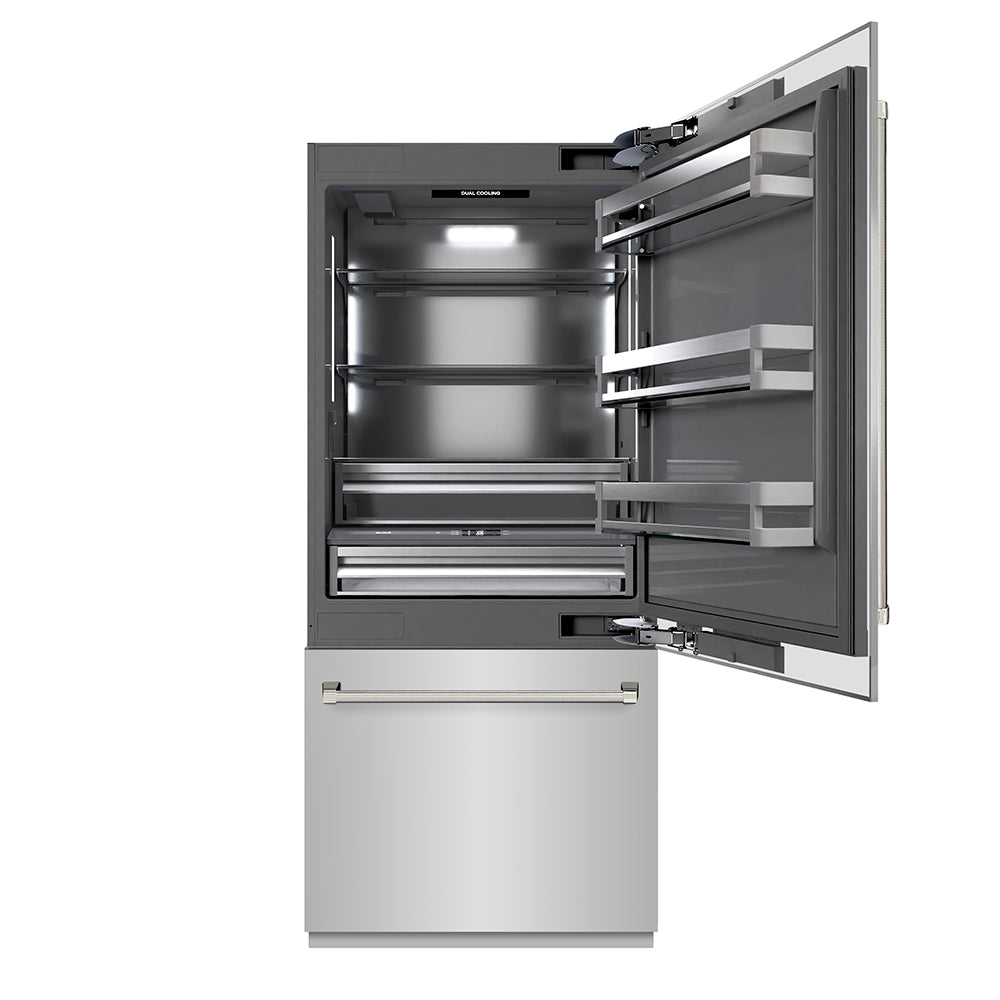 ZLINE Autograph Edition 36 in. 19.8 cu. ft. Built-In Bottom Freezer Refrigerator with Water Dispenser and Ice Maker in Stainless Steel with Graphite Gray Interior and Polished Nickel Helix Handles (GRBITZ-30436KPN) front, open.