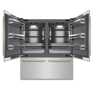 ZLINE Autograph Edition 72 in. 39.6 cu. ft. French Door Built-In Bottom Freezer Refrigerator with Water Dispensers and Ice Makers in Stainless Steel with Graphite Gray Interior and Champagne Bronze Helix Handles (GRBITZ-30472KCB)