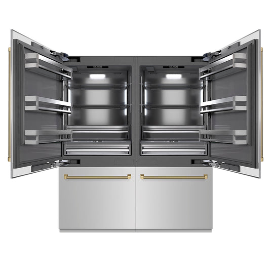 ZLINE Autograph Edition 72 in. 39.6 cu. ft. French Door Built-In Bottom Freezer Refrigerator with Water Dispensers and Ice Makers in Stainless Steel with Graphite Gray Interior and Champagne Bronze Helix Handles (GRBITZ-30472KCB)