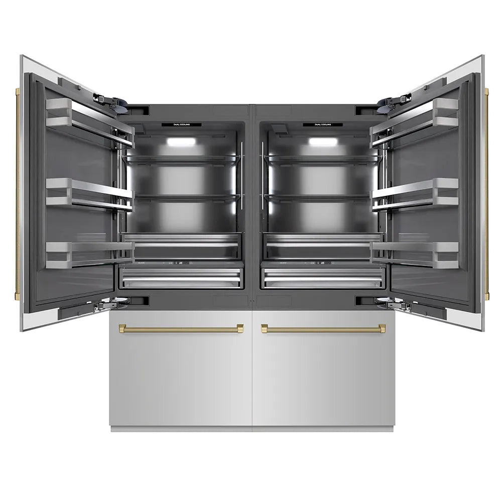 ZLINE Autograph Edition 72 in. 39.6 cu. ft. French Door Built-In Bottom Freezer Refrigerator with Water Dispensers and Ice Makers in Stainless Steel with Graphite Gray Interior and Champagne Bronze Helix Handles (GRBITZ-30472KCB) main image.