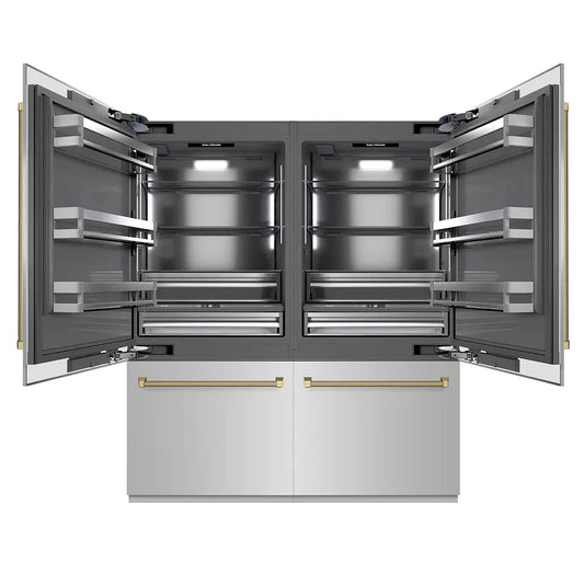 ZLINE Autograph Edition 72 in. 39.6 cu. ft. French Door Built-In Bottom Freezer Refrigerator with Water Dispensers and Ice Makers in Stainless Steel with Graphite Gray Interior and Champagne Bronze Helix Handles (GRBITZ-30472KCB) main image.