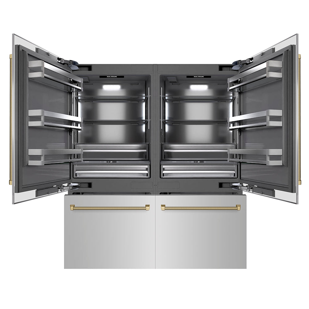 ZLINE Autograph Edition 72 in. 39.6 cu. ft. French Door Built-In Bottom Freezer Refrigerator with Water Dispensers and Ice Makers in Stainless Steel with Graphite Gray Interior and Champagne Bronze Helix Handles (GRBITZ-30472KCB) front, refrigeration compartment and bottom freezer drawer open.