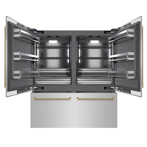 ZLINE Autograph Edition 72 in. 39.6 cu. ft. French Door Built-In Bottom Freezer Refrigerator with Water Dispensers and Ice Makers in Stainless Steel with Graphite Gray Interior and Champagne Bronze Helix Handles (GRBITZ-30472KCB) front, refrigeration compartment and bottom freezer drawer open.