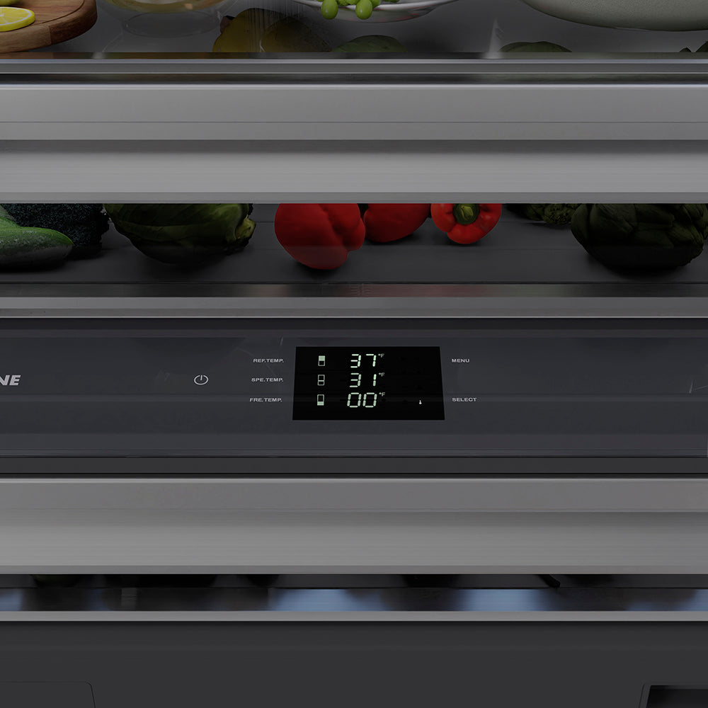 ZLINE Autograph Edition 72 in. 39.6 cu. ft. French Door Built-In Bottom Freezer Refrigerator with Water Dispensers and Ice Makers in Stainless Steel with Graphite Gray Interior and Champagne Bronze Helix Handles (GRBITZ-30472KCB) digital display and touchpanel.