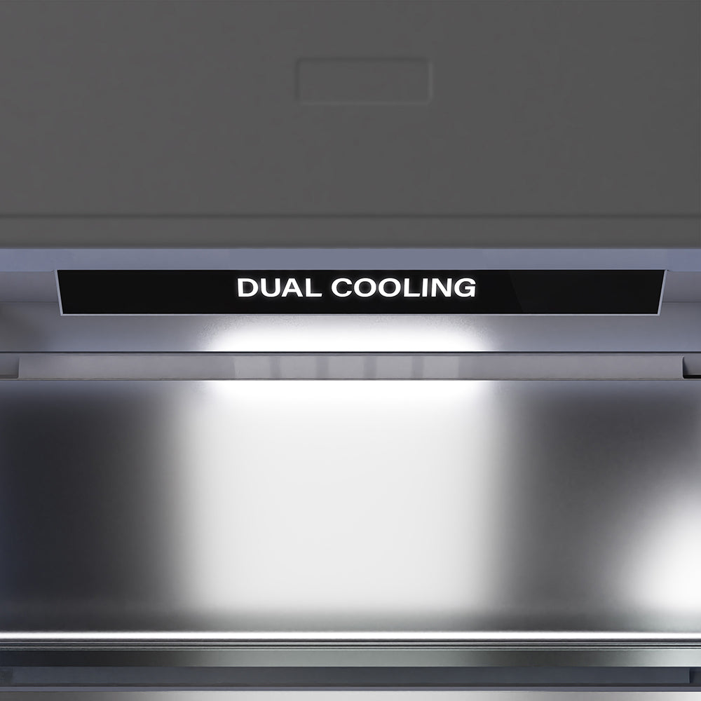 ZLINE Autograph Edition 72 in. 39.6 cu. ft. French Door Built-In Bottom Freezer Refrigerator with Water Dispensers and Ice Makers in Stainless Steel with Graphite Gray Interior and Polished Gold Helix Handles (GRBITZ-30472KG) dual cooling technology.