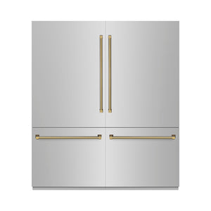 ZLINE Autograph Edition 72 in. 39.6 cu. ft. French Door Built-In Bottom Freezer Refrigerator with Water Dispensers and Ice Makers in Stainless Steel with Graphite Gray Interior and Polished Gold Helix Handles (GRBITZ-30472KG) front, closed.