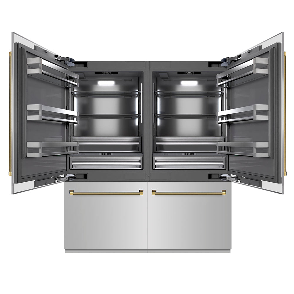 ZLINE Autograph Edition 72 in. 39.6 cu. ft. French Door Built-In Bottom Freezer Refrigerator with Water Dispensers and Ice Makers in Stainless Steel with Graphite Gray Interior and Polished Gold Helix Handles (GRBITZ-30472KG)