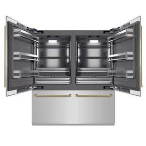 ZLINE Autograph Edition 72 in. 39.6 cu. ft. French Door Built-In Bottom Freezer Refrigerator with Water Dispensers and Ice Makers in Stainless Steel with Graphite Gray Interior and Polished Gold Helix Handles (GRBITZ-30472KG)