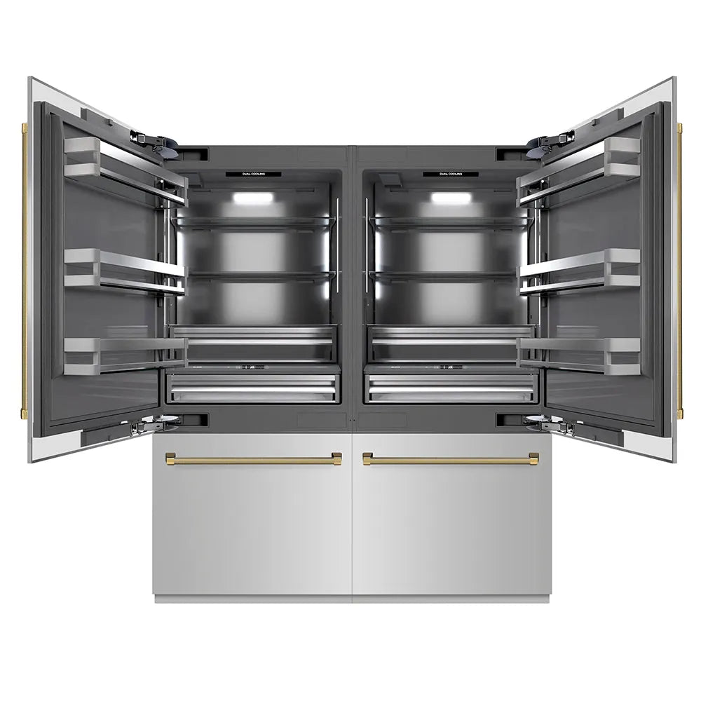 ZLINE Autograph Edition 72 in. 39.6 cu. ft. French Door Built-In Bottom Freezer Refrigerator with Water Dispensers and Ice Makers in Stainless Steel with Graphite Gray Interior and Polished Gold Helix Handles (GRBITZ-30472KG) main image.